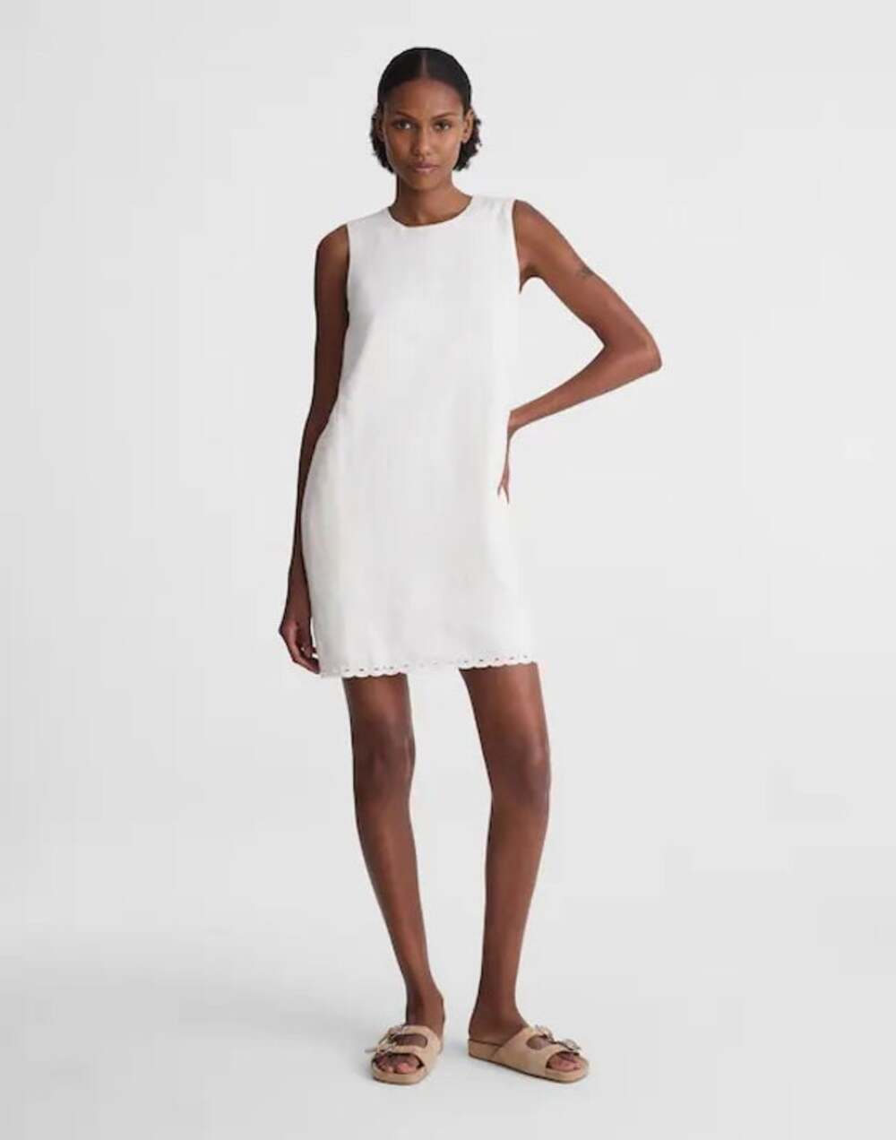 Madewell Mini Shift Dress in 100% Linen Ivory A Line Embroidered Hem Large NWT